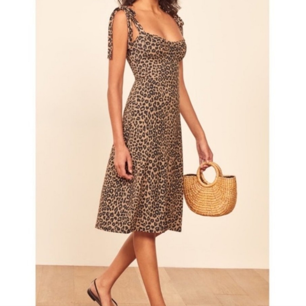 Reformation Jeans Wells Leopard Animal Print Knit A-line Tie Strap Midi Dress L
